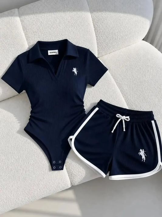 Women's Premium Ribbed Bodysuit & Contrast Shorts Co-ord Set