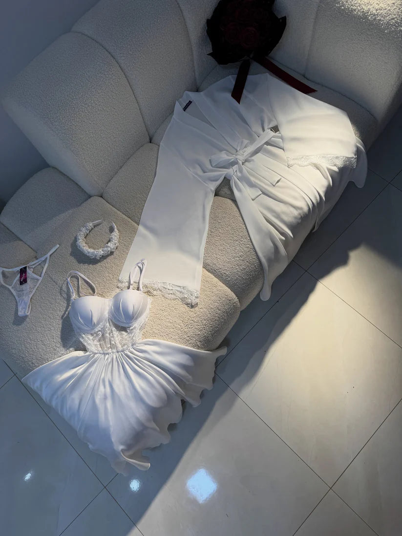 Luxury Satin Lace Nightwear Set for Women – Soft & Elegant Sleepwear (White)