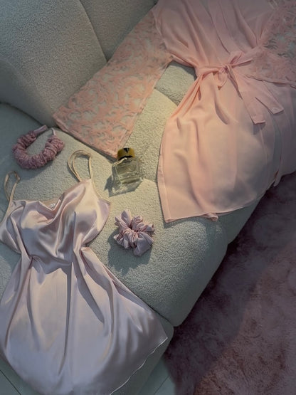 Luxury Satin Lace Nightwear Set for Women – Soft & Elegant Sleepwear (Peach Net)