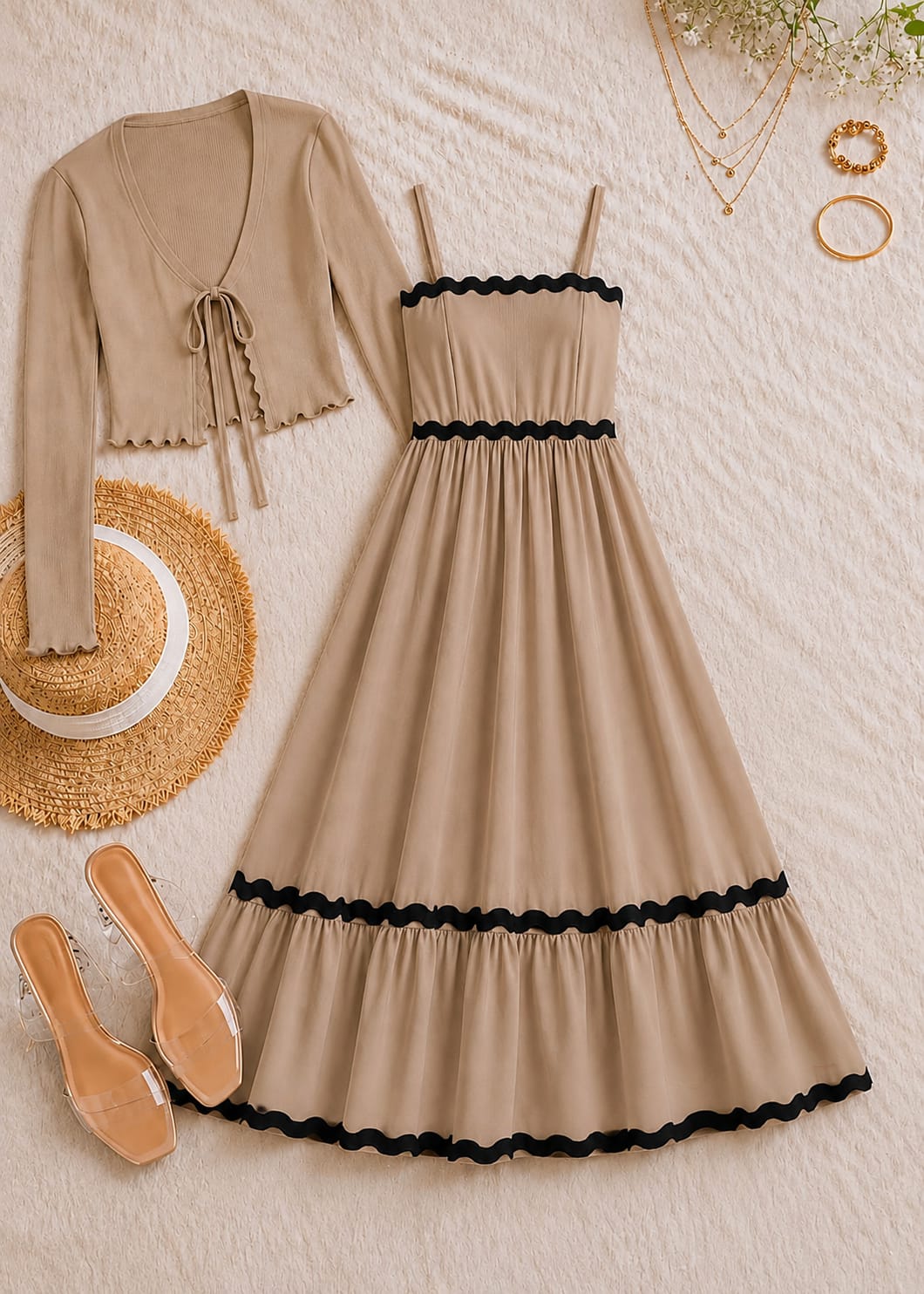 Zanivah Scallop Trim Dress Set with Cardigan co-ord
