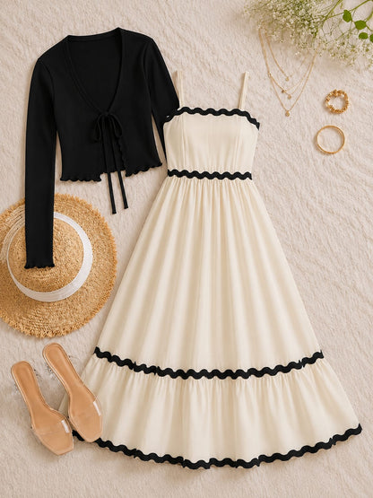 Zanivah Scallop Trim Dress Set with Cardigan co-ord