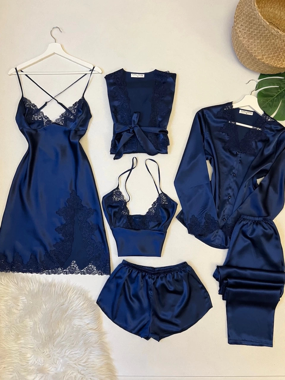 ✨ Zanivah 6-Piece Luxe Satin Silk Loungewear Set (Blue)