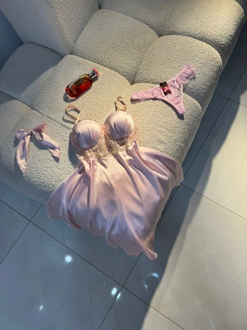 Luxury Satin Lace Nightwear Set for Women – Soft & Elegant Sleepwear (Soft Pink)