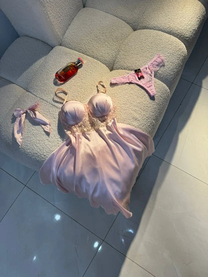 Luxury Satin Lace Nightwear Set for Women – Soft & Elegant Sleepwear (Soft Pink)