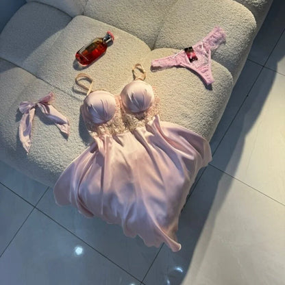 Luxury Satin Lace Nightwear Set for Women – Soft & Elegant Sleepwear (Soft Pink)