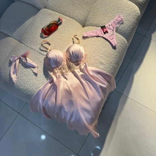 Luxury Satin Lace Nightwear Set for Women – Soft & Elegant Sleepwear (Soft Pink)