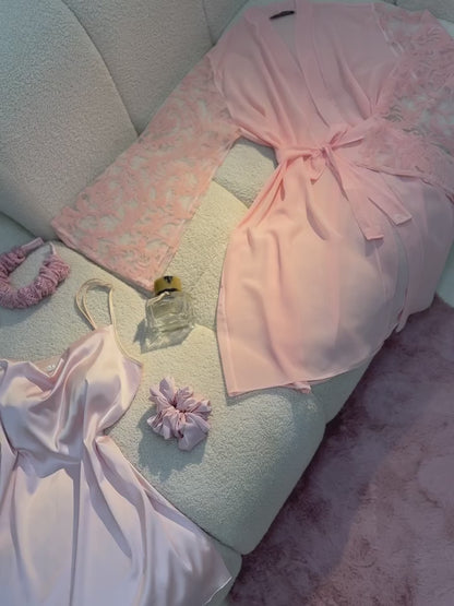 Luxury Satin Lace Nightwear Set for Women – Soft & Elegant Sleepwear (Peach Net)