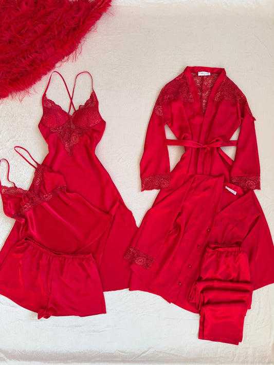 Red Lace 6-Piece Satin Bridal Lingerie Set | Women's Satin Nightgown & Robe Set